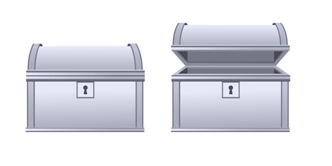 Silver metal treasure chests with curved tops. Modern steel coffers in closed and open positions. Contemporary storage containers for futuristic themes. Vector illustration isolated on white