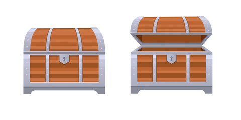 Wooden treasure chests with silver metal bands. Traditional pirate coffers in closed and opened states. Brown storage boxes with decorative elements. Vector illustration isolated on white background