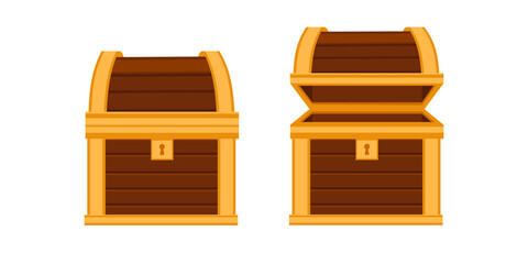 Yellow wooden treasure chests with keyholes and clasps. Bright golden coffers in closed and open positions. Cartoon-style pirate boxes for games. Vector illustration isolated on white