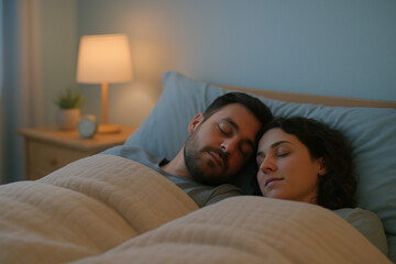 Peaceful slumber: A couple asleep in their cozy, dimly lit bedroom.