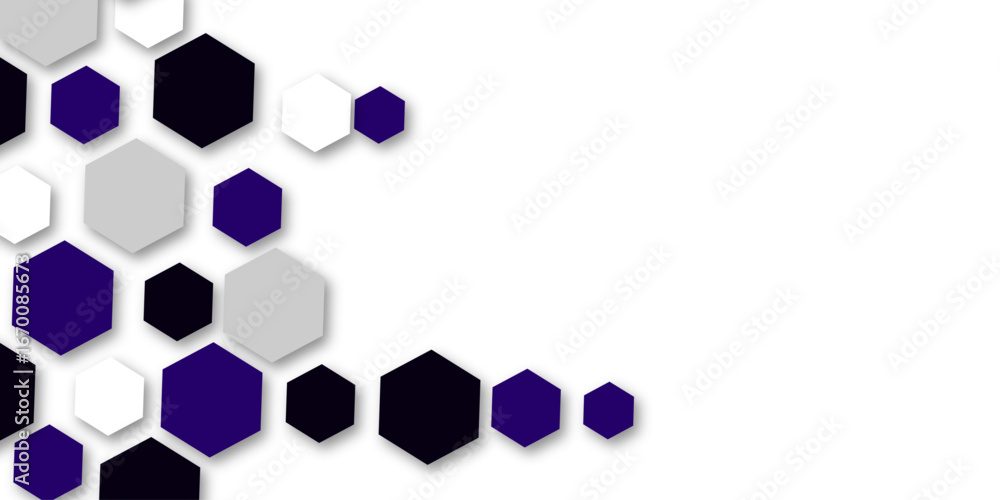Poster a modern geometric background featuring a bottom border of hexagons in dark purple, black, white, an