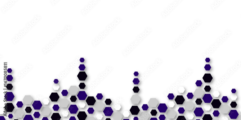 Poster a modern geometric background featuring a bottom border of hexagons in dark purple, black, white, an