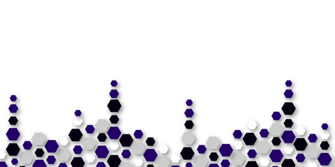 A modern geometric background featuring a bottom border of hexagons in dark purple, black, white, and light gray, creating a textured honeycomb-like pattern with subtle shadows on a white surface.