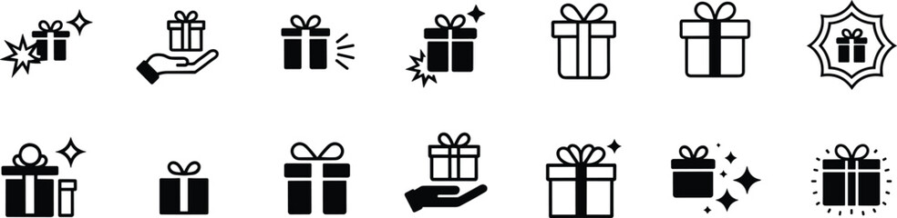 Gift box icons, present symbol, celebration pack, surprise package, festive reward, holiday giveaway, special offer, decorative element, party flat vector