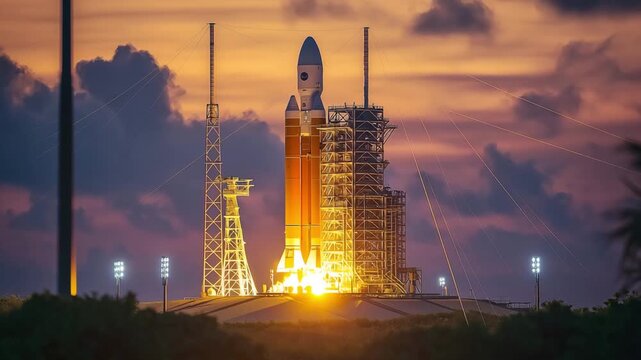 Rocket preparations occur at a launch pad during sunset, showcasing a stunning backdrop of clouds and lighting