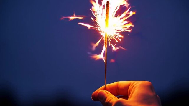 human hand grasping brightly burning sparkler during the evening or twilight hours, celebrating Diwali, New Year, or Birthday, with ample space for text