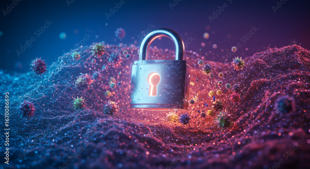 Poster cybersecurity and data protection safeguarding digital landscapes with a secure lock and viruses