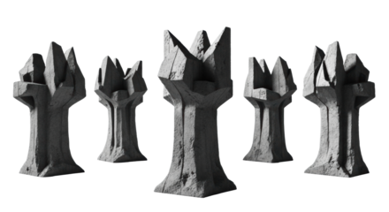 Six identical, monumental brutalist concrete sculptures, rough texture, sharp geometric forms, deep shadows on transparent background. Concept of futuristic brutalist architecture