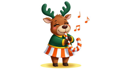 Isolated Cartoon Reindeer Playing Candy Cane Flute