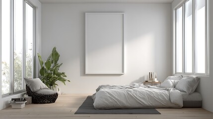 Bright Bedroom with Modern Design, Frame, Plant and Cozy Bed