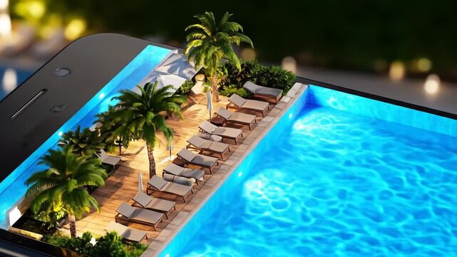 Smartphone displaying a 3D model of a tropical poolside scene