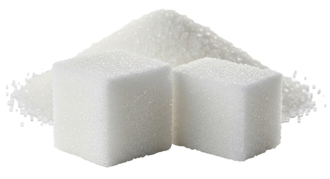 Isolated White Sugar Cubes and Granulated Sugar