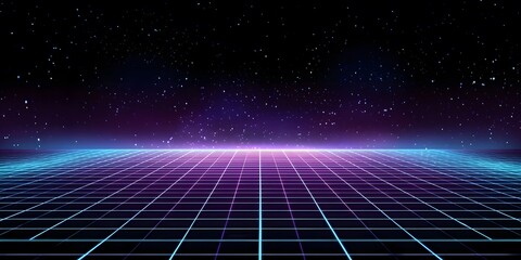A digital grid background with neon blue and purple lines, creating an otherworldly atmosphere for a retro video game-inspired poster design