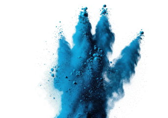 Vibrant cerulean blue pigment powder with coarse, gritty particles bursting into swirling, opaque plumes, isolated on a stark white background, photorealistic macro shot, concept of raw creativity
