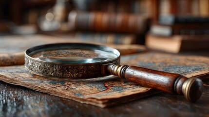 Classic, vintage magnifying glass with a wooden handle rests on an old desk, focusing on intricate map details with a warm, soft-focus library bookshelf in the background.