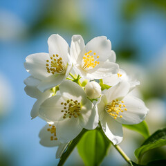 Obraz premium Beautiful white jasmine flowers in bloom, a concept for purity, beauty, and spring