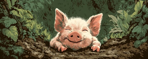 Happy pig relaxing in foliage, a content pot bellied pig lying on its side in a bed of soft green clover