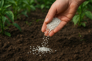 Application of Granulated Urea (Carbamide) Fertilizer into Soil for Plant Nutrition