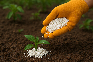 Application of Granulated Urea (Carbamide) Fertilizer into Soil for Plant Nutrition