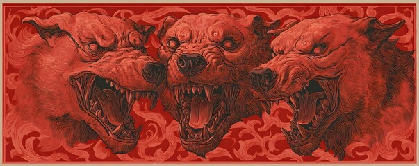 Three Roaring Bear Heads, a mythical bear monster with three heads, roaring at the sky with sharp teeth