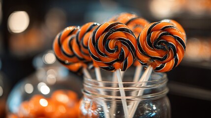 An orange and black lollipops in a glass jar, candy shop inspired styling