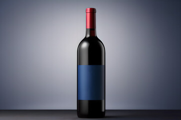 bottle of wine red with blue label on dark blue background