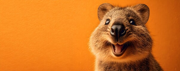 Quokka Smiling Portrait, the world's happiest animal, a small marsupial, looking up with a cheerful grin