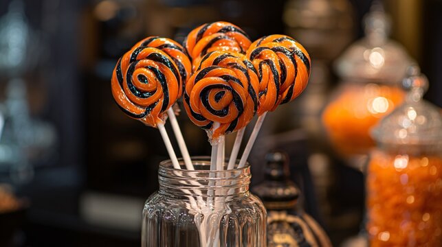 An orange and black lollipops in a glass jar, candy shop inspired styling - Powered by Adobe