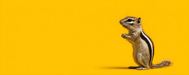 Chipmunk on Yellow Background, a striped chipmunk holding a single nut in its paws, on a solid sunny yellow background