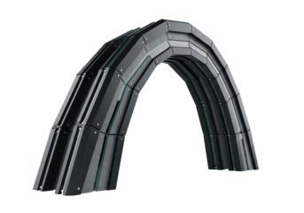 A stark, minimalist architectural arch with angular matte black steel and dark grey concrete panels, silver rivets, and teal glass, isolated on a transparent background, concept of structural
