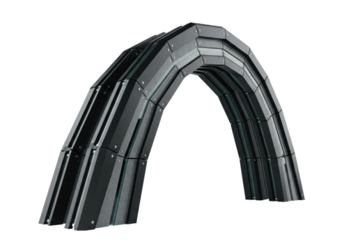 A stark, minimalist architectural arch with angular matte black steel and dark grey concrete panels, silver rivets, and teal glass, isolated on a transparent background, concept of structural