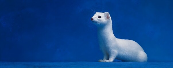 White Ermine Portrait, a small and fierce mustelid predator looking directly at the camera with intelligent eyes