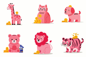 Naklejka premium Pink cartoon animal coin banks with gold coins, showcasing savings and investment.