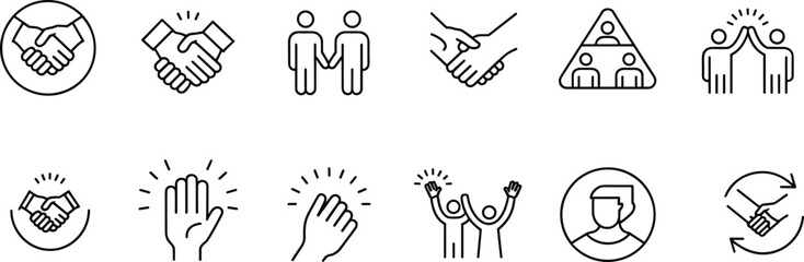 teamwork icons, collaboration symbols, partnership signs, unity pictograms, handshake vector set, black and white people graphics, human interaction pack, flat vector