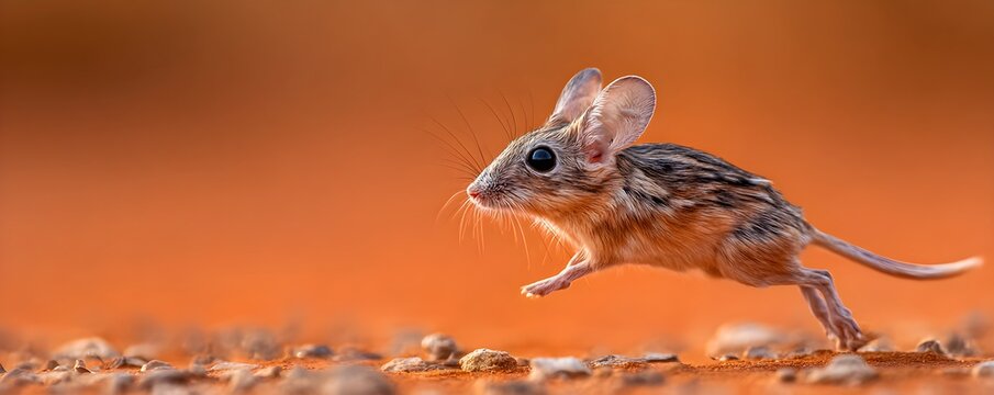 Desert Jerboa Running, a small rodent with enormous feet sprinting across red sand at dusk, leaving tiny footprints