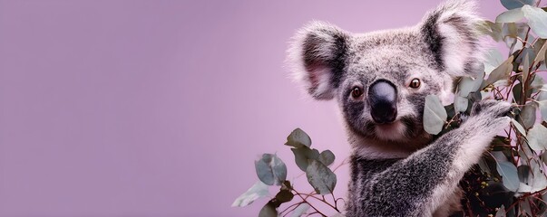 Obraz premium Koala peering from eucalyptus branches, a cute koala bear's face barely visible among the gum tree leaves