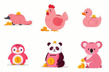 Six pink animal-shaped piggy banks (platypus, chicken, duck, penguin, panda, koala) with gold coins around them.