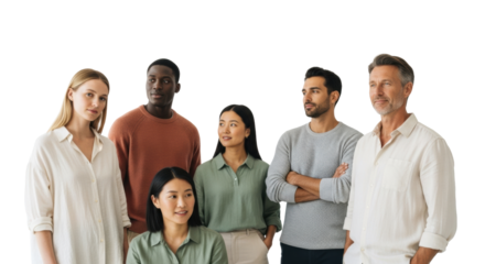 Diverse group of five confident, innovative professionals (men, women, mid-20s to early 40s) in natural fabrics on a transparent studio, portraying modern collaborative teamwork concept.