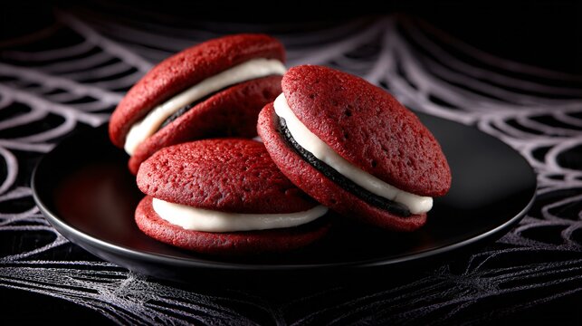 A red velvet whoopie pies with black filling, plate on spiderweb placemat