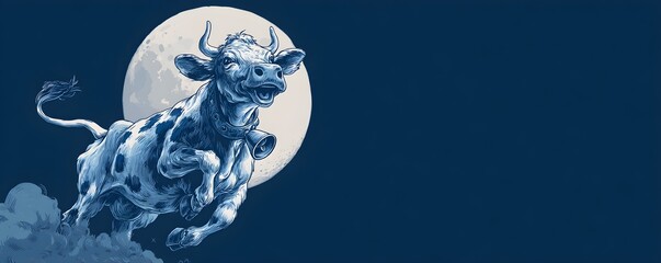 Jumping Cow with Moon Background, a simple and iconic image, perfect for a children's room decoration