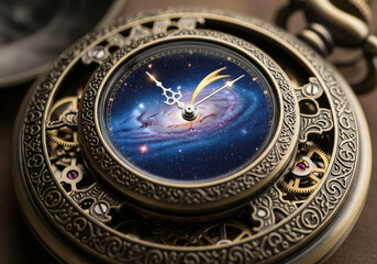 Close up of an antique pocket watch with a galaxy inside the clock face