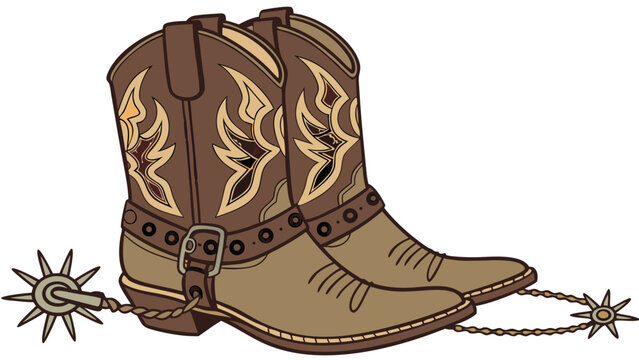 Pair of brown cowboy boots with spurs illustration western footwear wild west rodeo country music texas vintage style vector art.