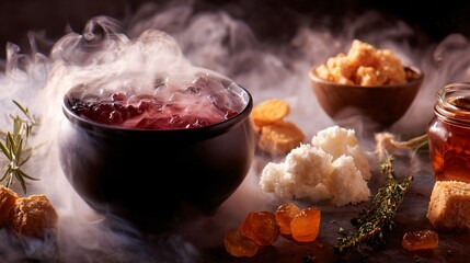 A steaming cauldron punch with dry ice, surrounded by themed snacks