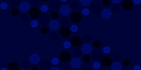 A modern geometric background featuring a top border of hexagons in dark blue, black, and light gray, creating a textured honeycomb-like pattern with subtle shadows on a dark blue surface.