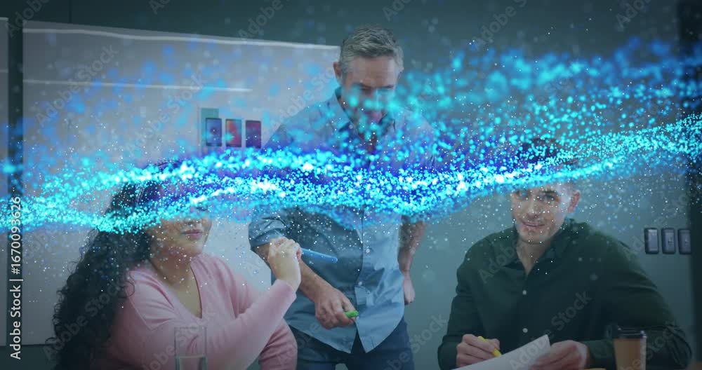 Aufkleber woman pointing sketch initiating blue particle animation while team marking paper in design meeting