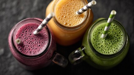 A witch&rsquo;s brew smoothies in mason jars with striped straws, top view