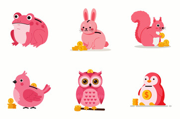 A collection of six cartoon animals, each colored pink, interacting with gold coins.