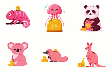 Cartoon illustration of six animals as piggy banks with coins: chameleon, jellyfish, panda, koala, platypus, and kangaroo.