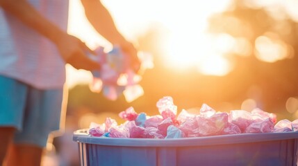 Individuals participating in a community cleanup event at sunset by the river