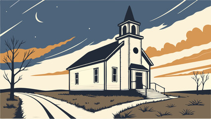 Fototapeta premium Rural Church at Dusk Countryside Landscape Illustration Vector Graphic Design.